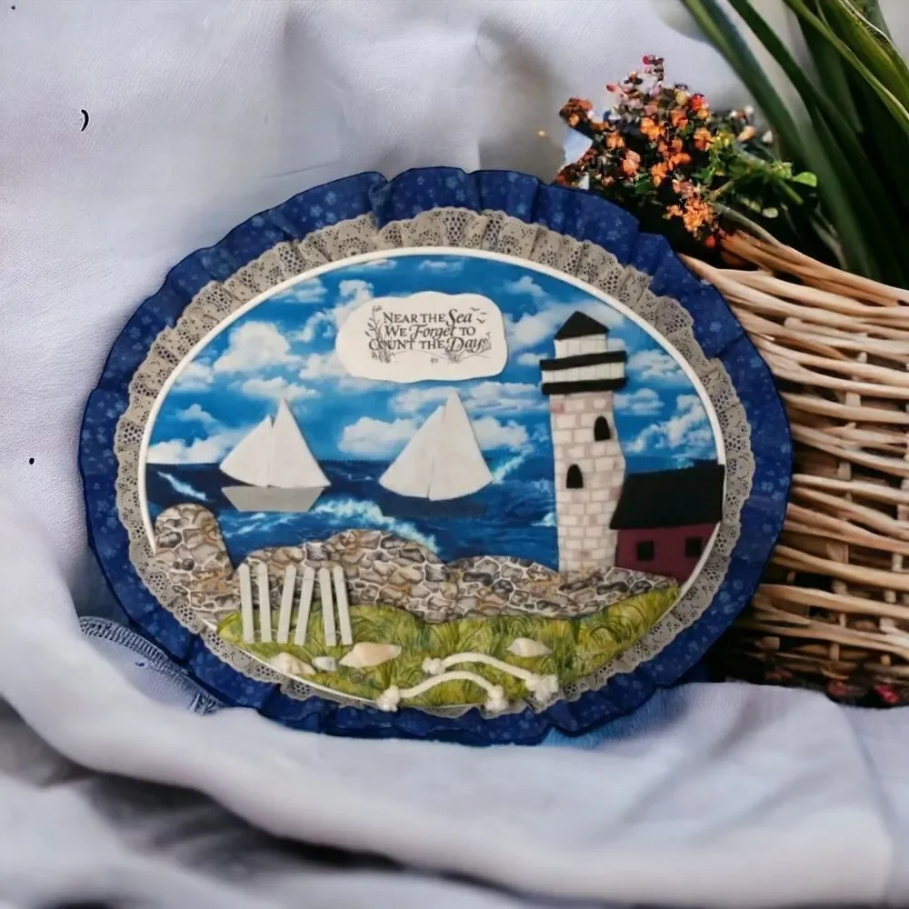 Vtg‎ Handmade Beach Wall Art Near The Sea Quilted Shells Lighthouse Beach House.